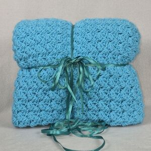 Handmade Crocheted Baby Blanket – Blue & White – Large Snuggle Buddy Throw – New